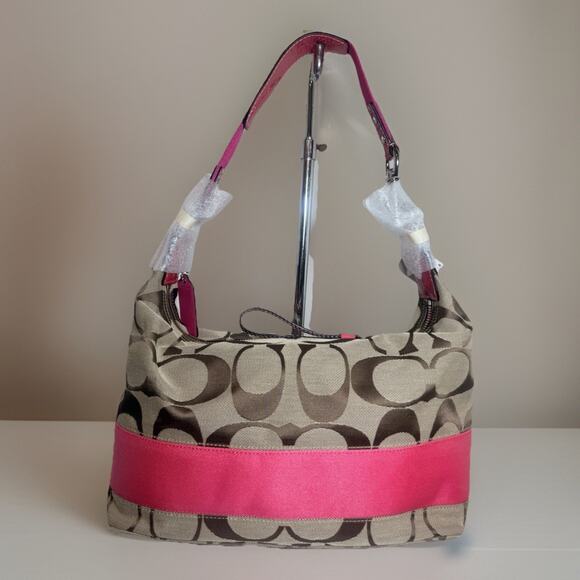 NWT Coach Signature Stripe Hobo 23769E & Wallet F48774 Set SV/Khaki Punch Pink - Picture 9 of 16